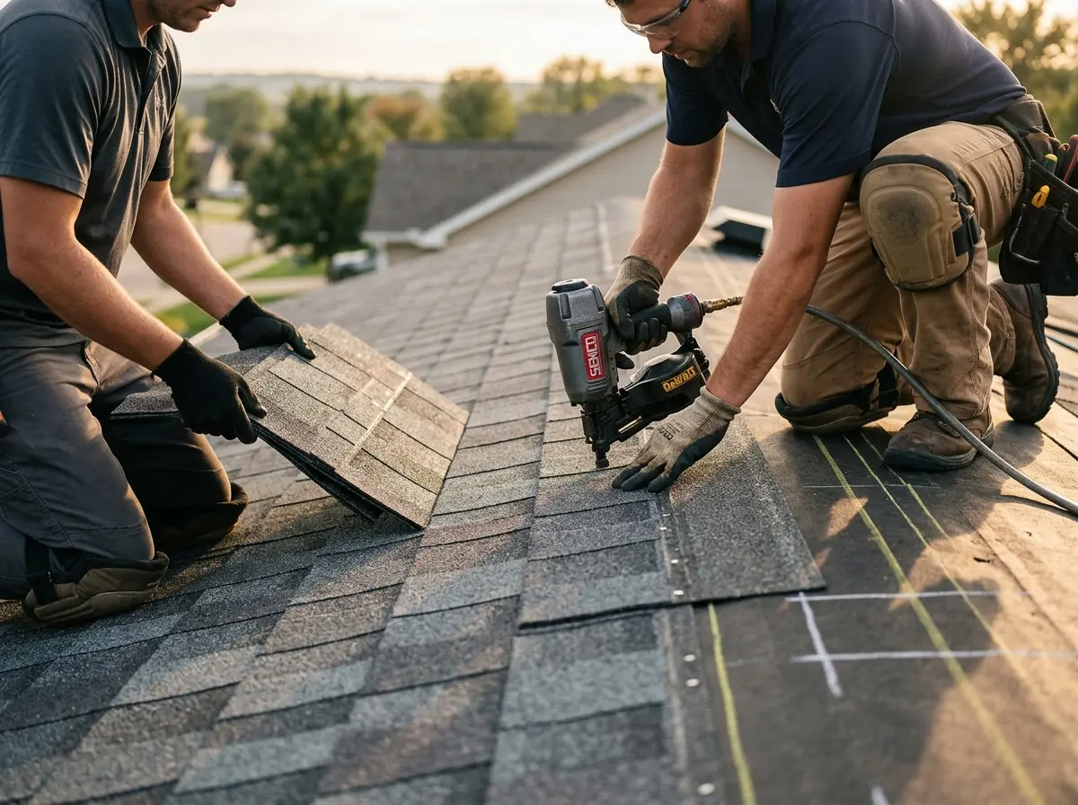 Professional roofer working on a residential roof in North Potomac
